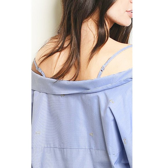 Embroidered Off Shoulder Straps Striped Poplin Top - Picture 4 of 9